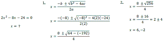 A worked example of the quadratic equation formula. Image borrowed and edited from: http://www.purplemath.com/modules/solvquad6.htm. Click on the picture to follow the link.